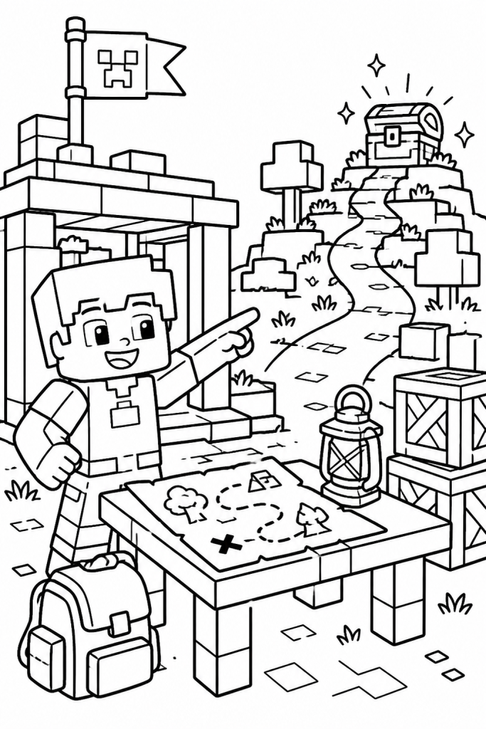 A base camp with a treasure map and a child pointing toward a treasure chest.