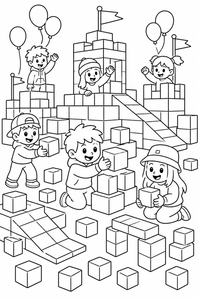 Kids building block forts and towers in a playful arena.
