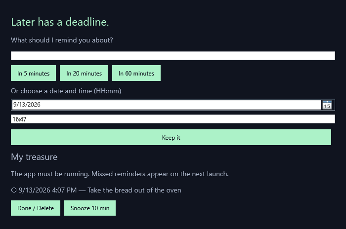 Cinder's reminder list, shown with fictional sample data.