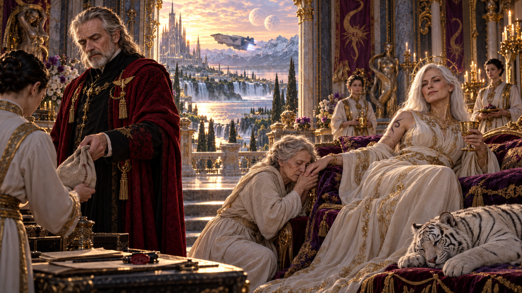 Pahl hands away Idda’s belongings as she kneels beside the corrupted Meret, while a medical transport departs Bellacourt’s gilded palace.