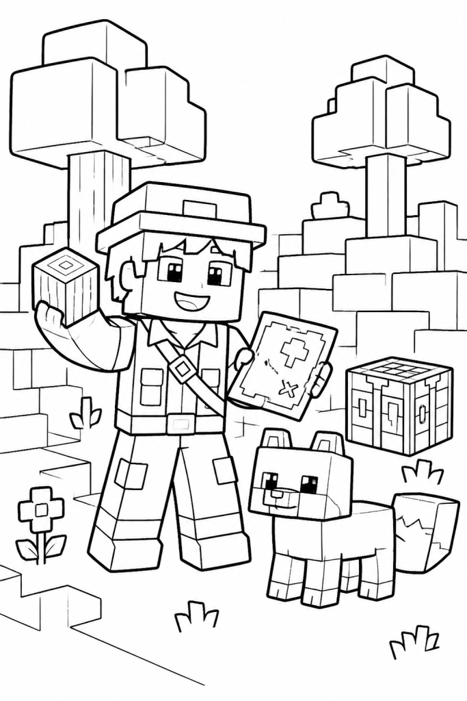 A child explorer and a friendly fox in a blocky sandbox world.