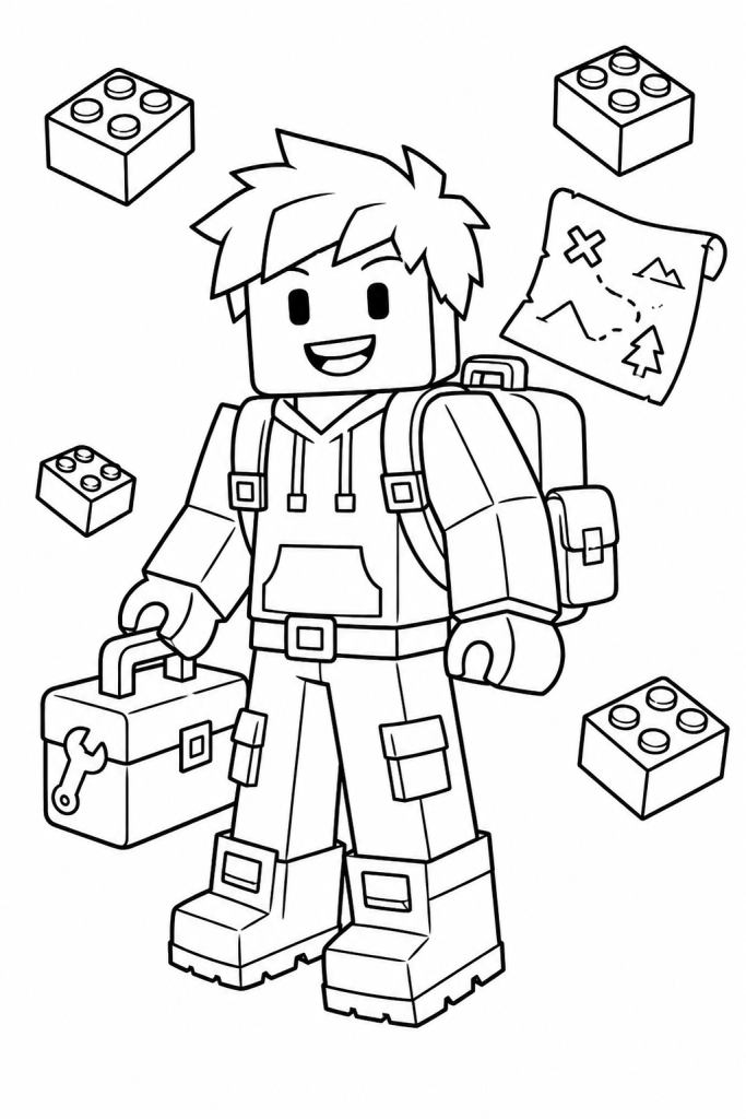 A smiling blocky adventure hero holding a tool kit on a coloring page.