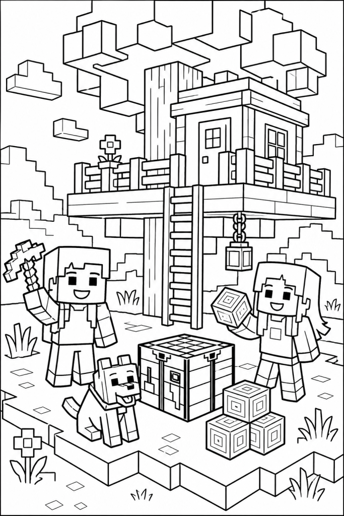 Two child explorers beside a blocky treehouse base with a pet companion.