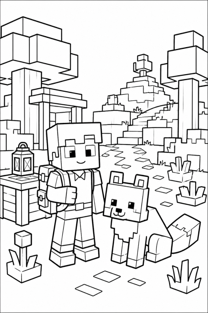 A blocky-style child explorer stands with a friendly fox near a cozy forest base.