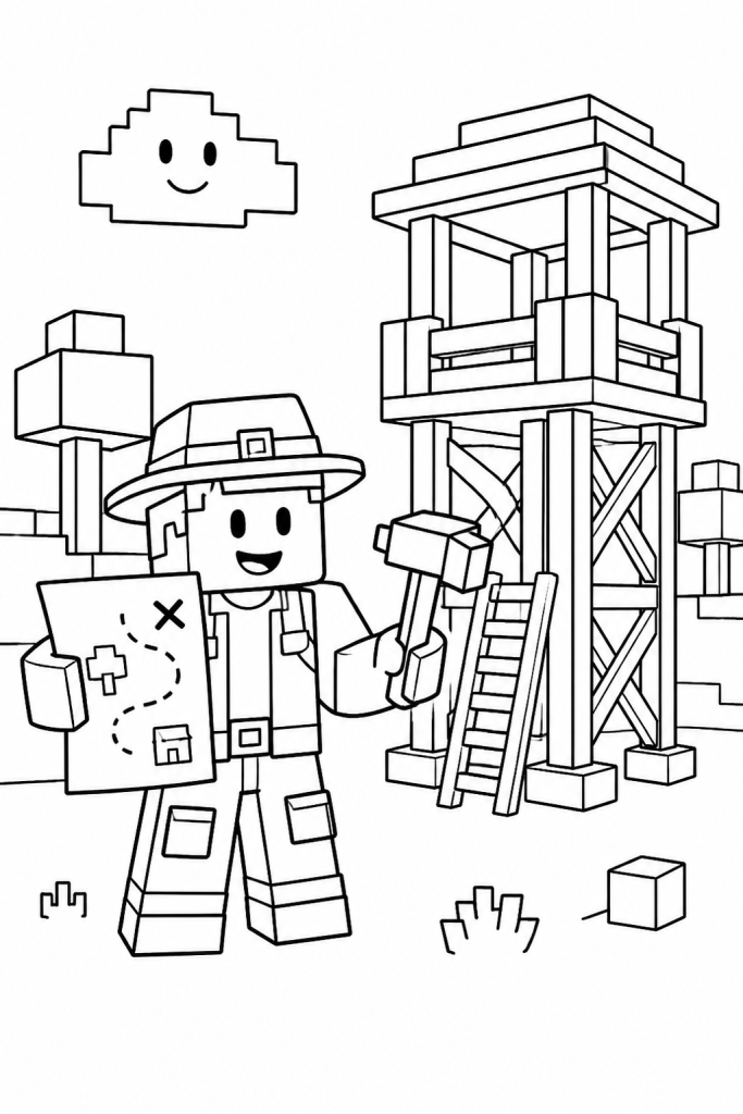 A friendly blocky explorer next to a small tower and map.