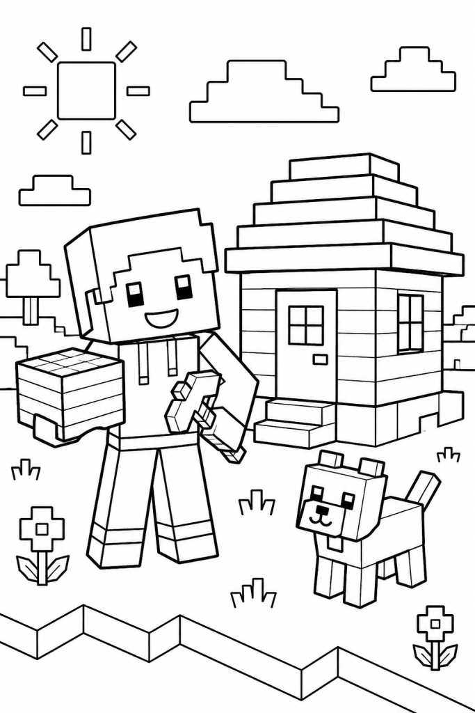 A child-friendly blocky builder character with a pet beside a tiny house.