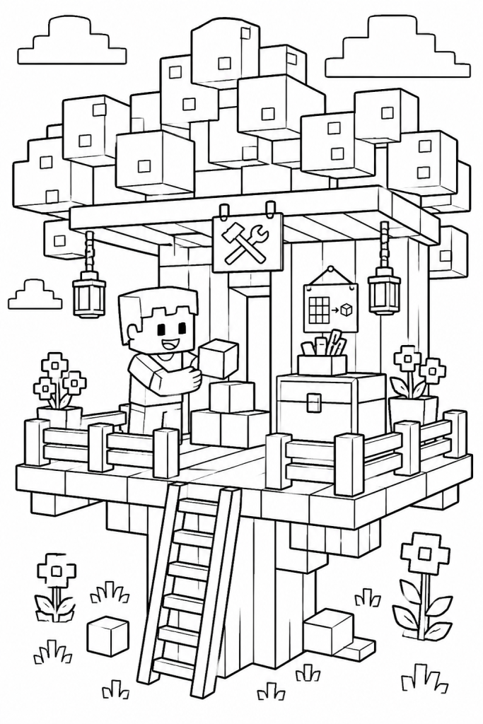 A child building a blocky treehouse workshop.