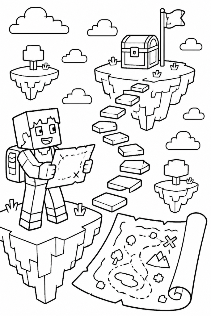 Floating sky islands with a treasure chest and map on a coloring page.