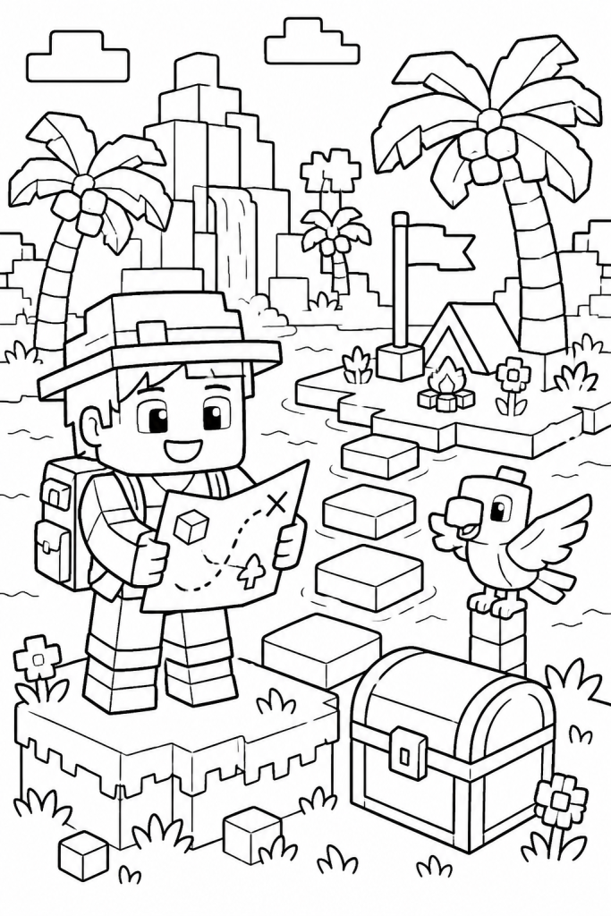 A child explorer holding a quest map on a sandbox island with a treasure chest and cute bird.