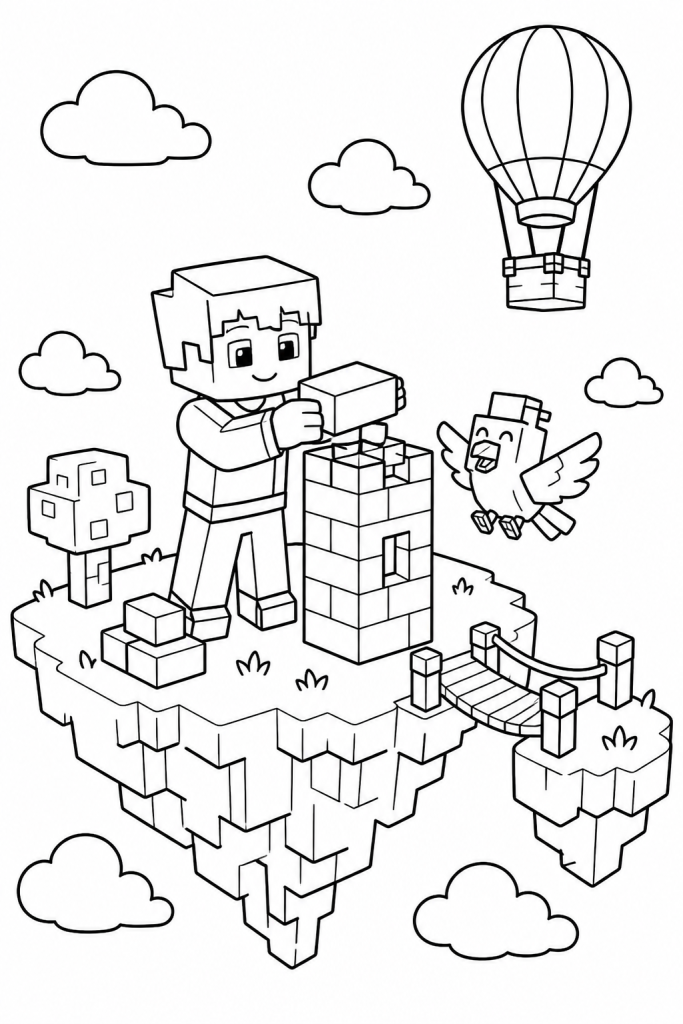 A child builds a tower on a floating sky island with a pet bird nearby.