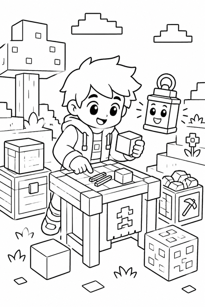 A child character crafts items at a table in a blocky game-inspired world.