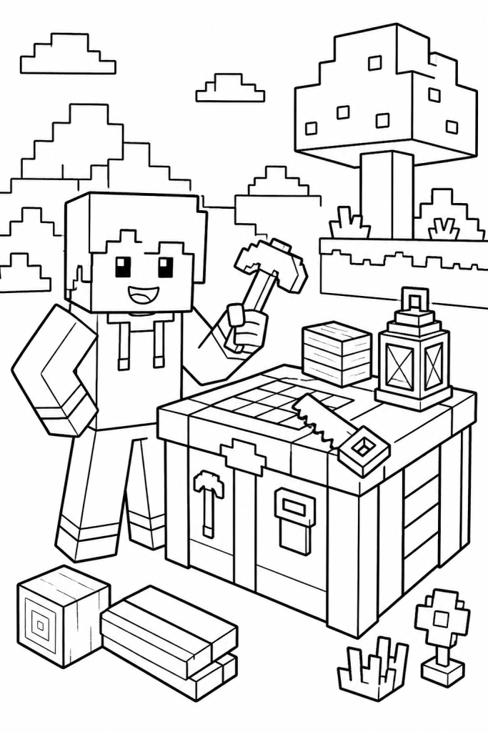 A friendly character next to a crafting table with simple tools and materials.