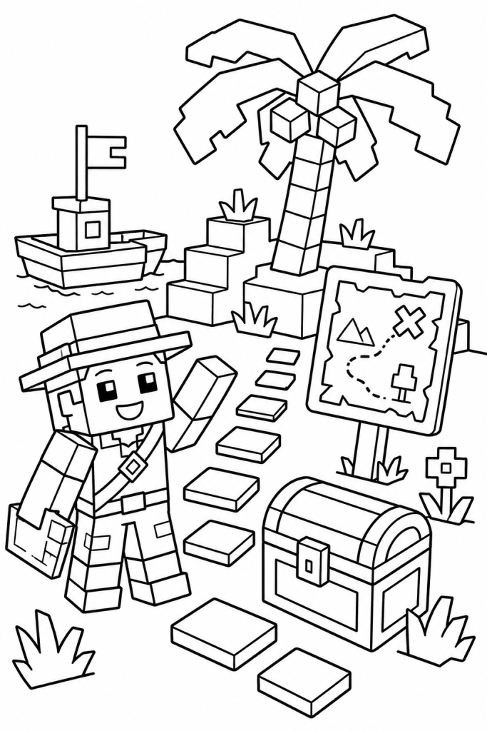 A blocky explorer following a map on a treasure island.