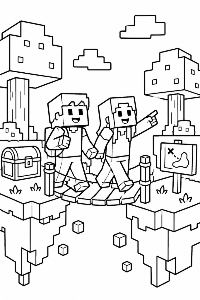 Two friends exploring floating islands with a bridge and treasure chest.