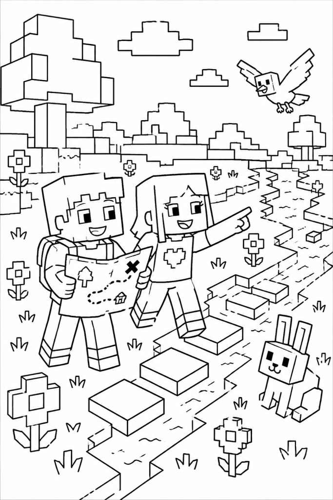 Two children exploring a blocky meadow with a map and friendly animals.