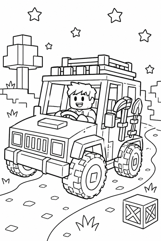 A cute blocky explorer vehicle with a child driver on a coloring page.