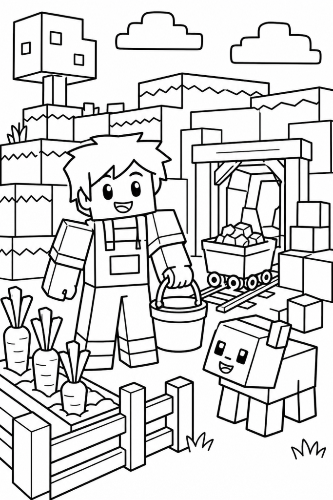 A child with a cute creature near a tiny farm and mine cart.