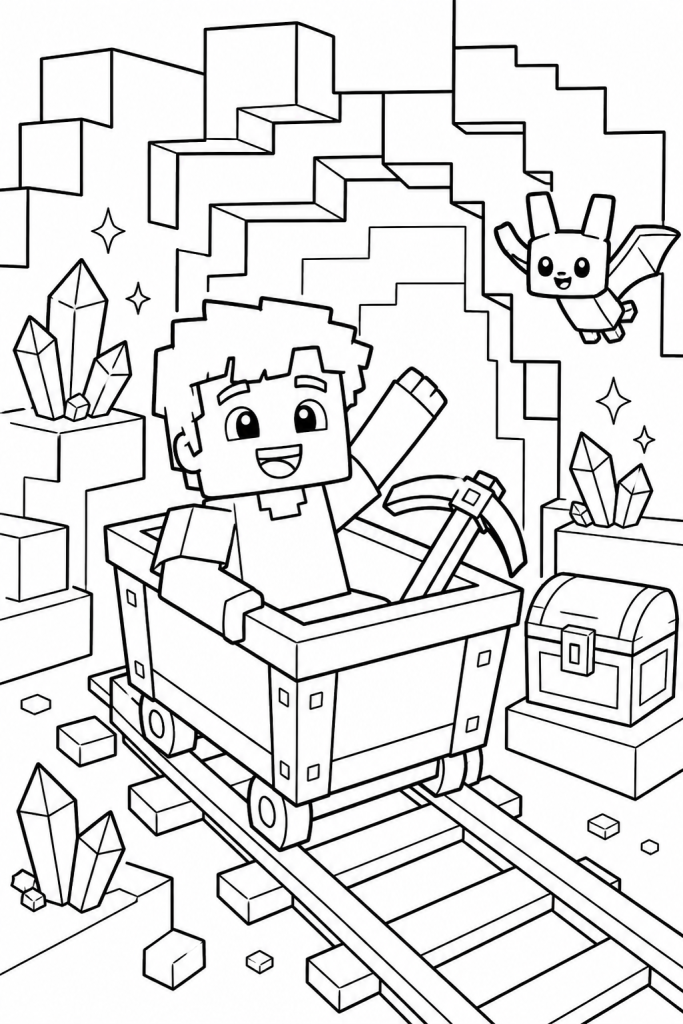 A child rides a mining cart through a cave with crystals and a treasure chest.