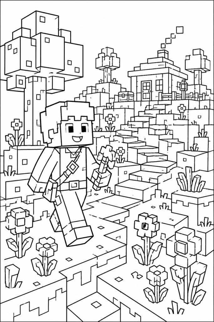 A child explorer walks through a blocky hill landscape toward a base.