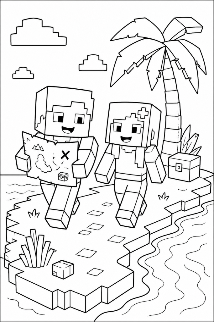 Two blocky friends exploring an island with a treasure map.