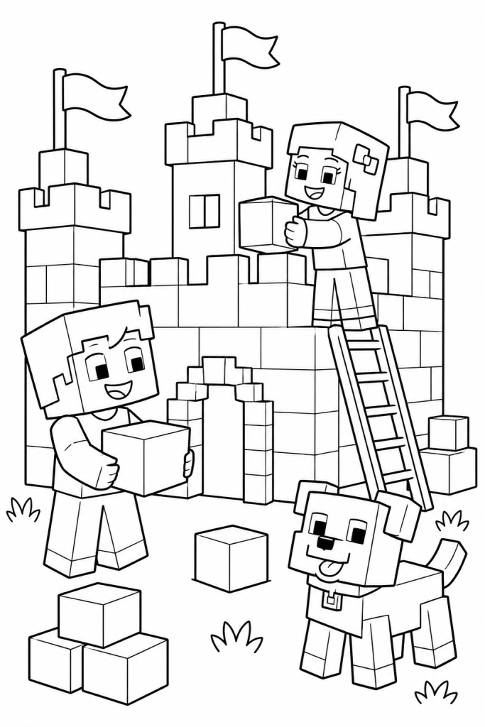 Two kids building a castle with cube bricks and a pet companion.