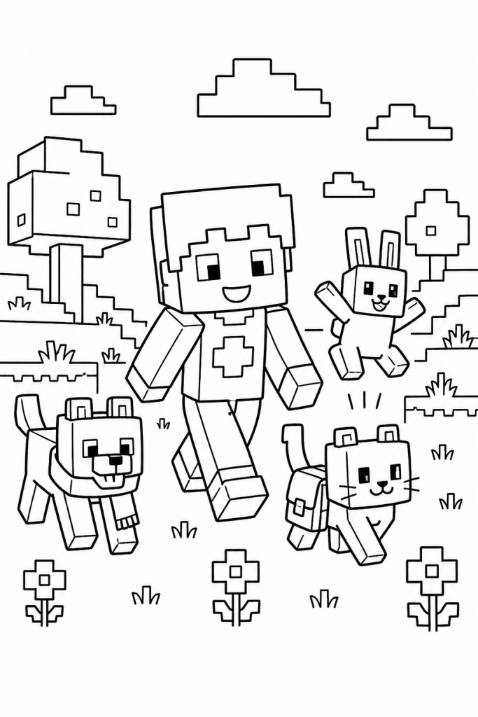 A smiling avatar walking with three cute blocky pets.