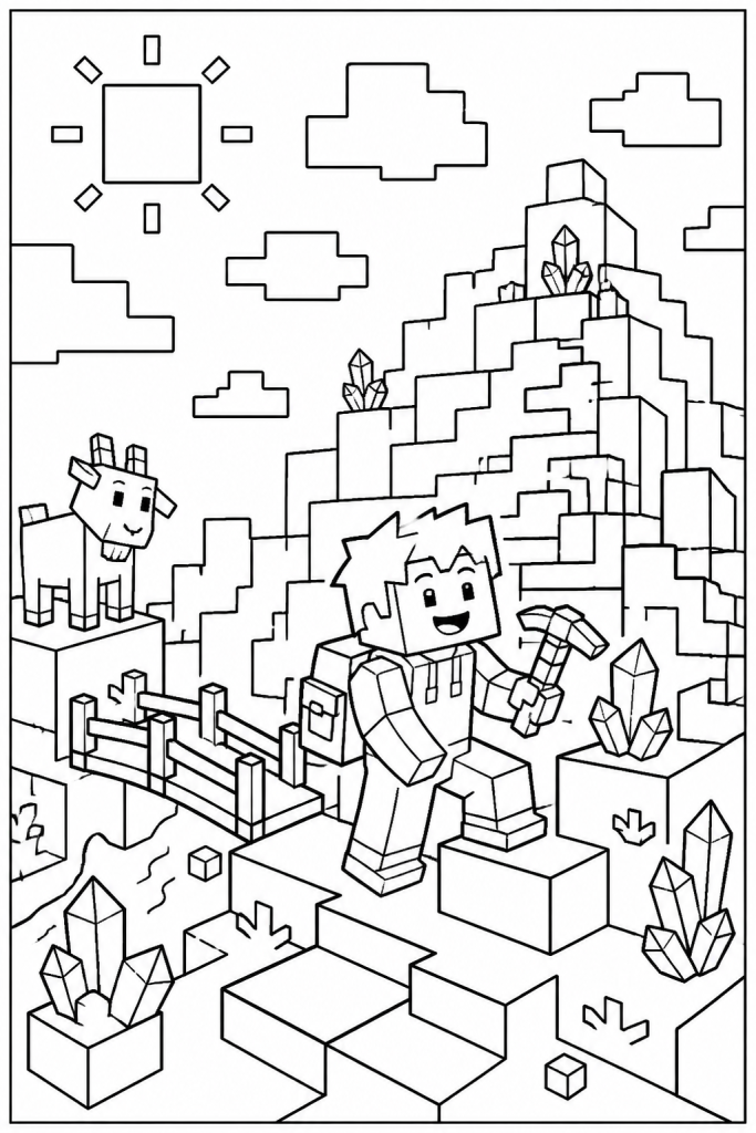 A child on a blocky mountain trail with crystals and a friendly goat.