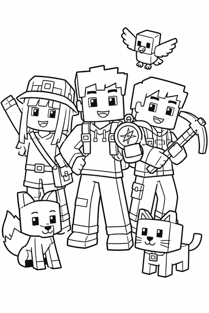 Three blocky kids with cute mini pets on a teamwork coloring page.