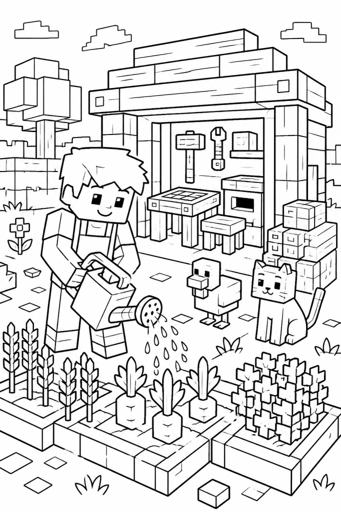A child works in a cozy farm and crafting area with animals and crops.