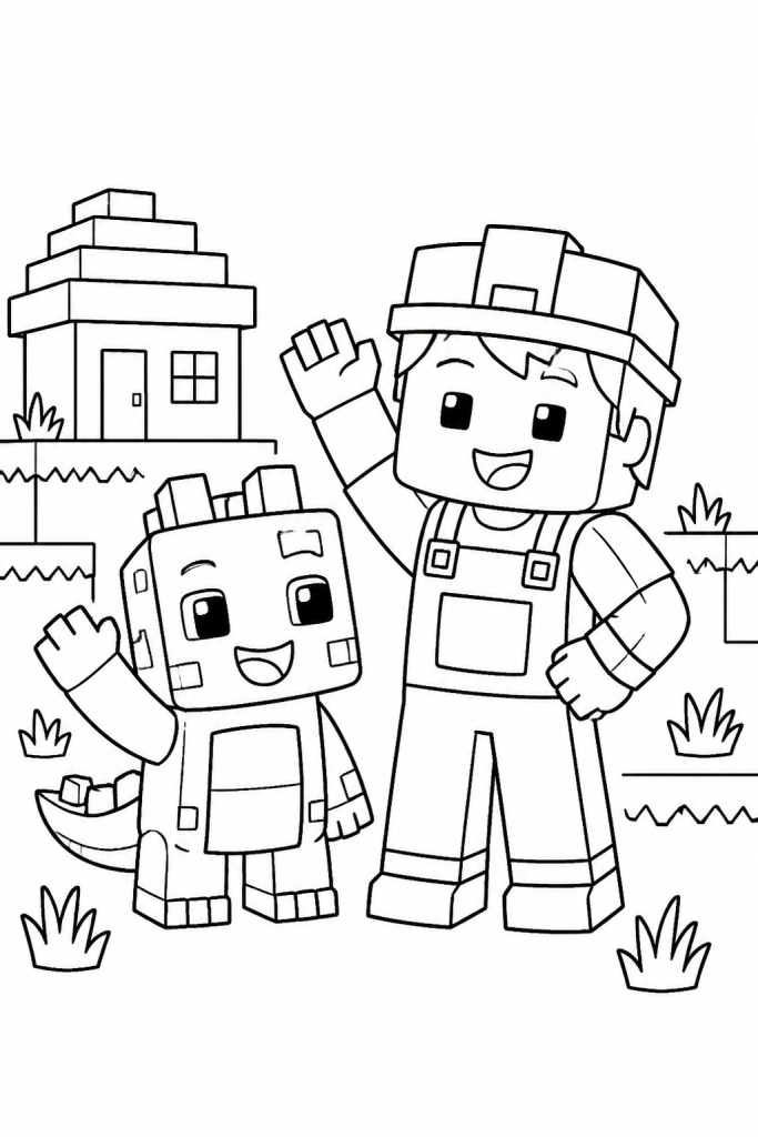 A friendly blocky creature waves next to a child builder.