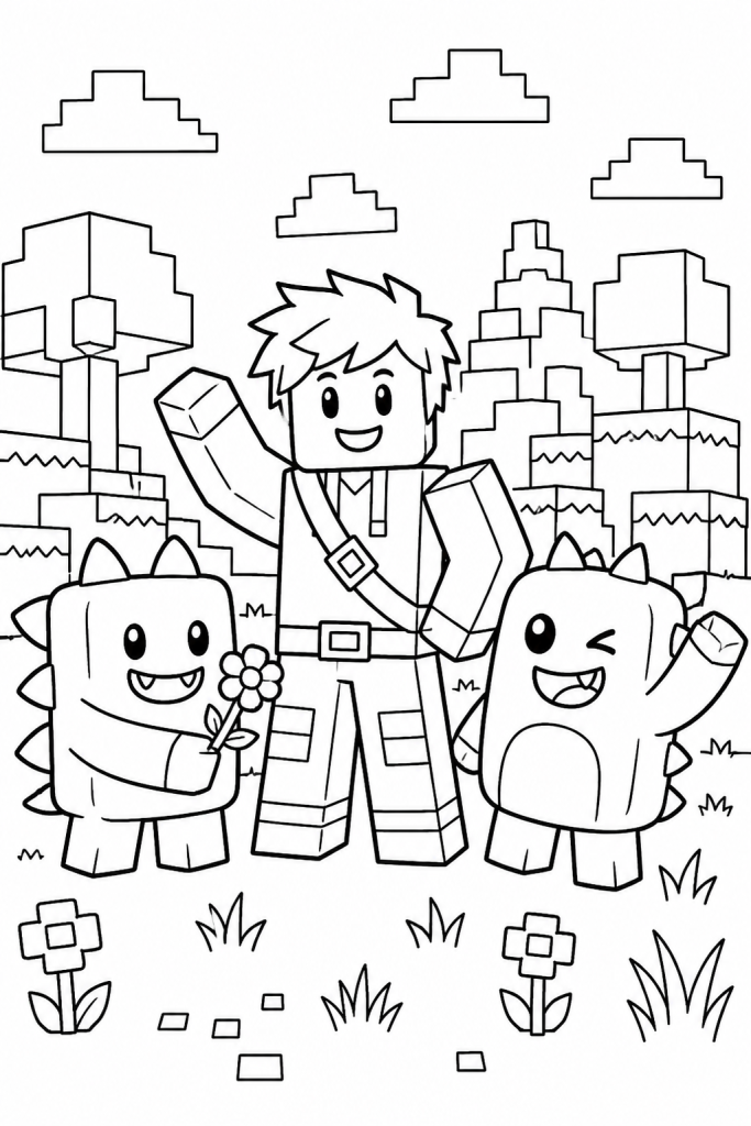 A blocky adventurer with two cute monster friends in a field.