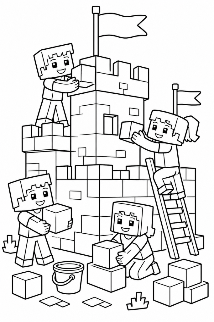 Kids building a blocky castle tower together.