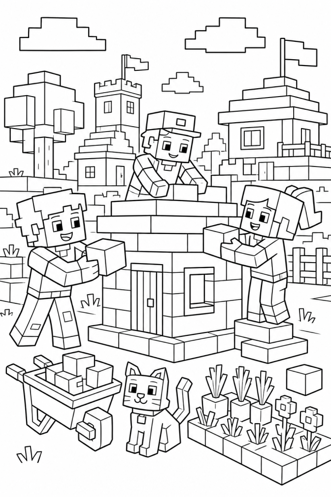 Three children building a blocky village house with a cat nearby.