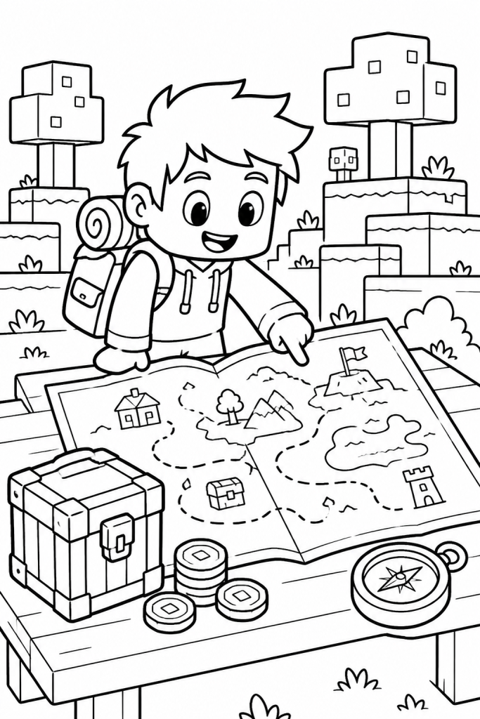 A game-style map, crate, and compass scene for a coloring page.
