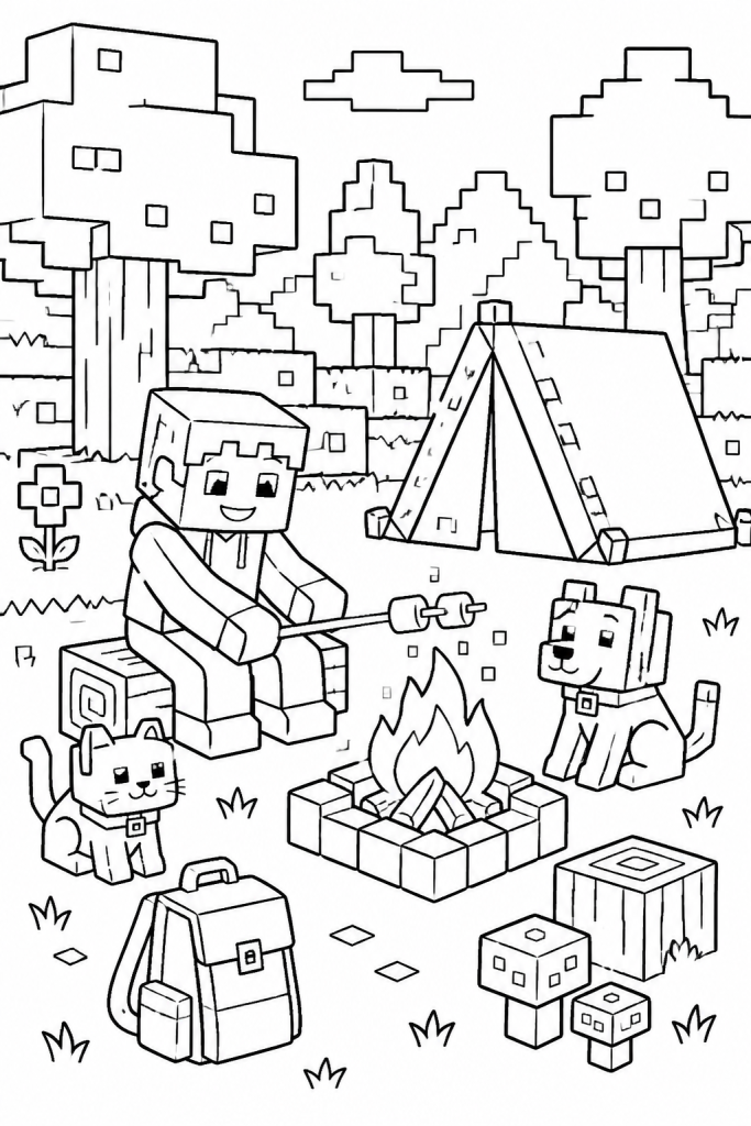 A child camping in a blocky forest with two cute pet companions and a tent.