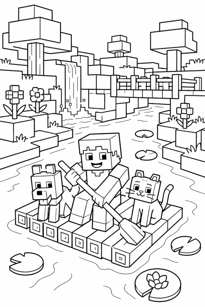 A child and animal friends ride a raft down a blocky river.