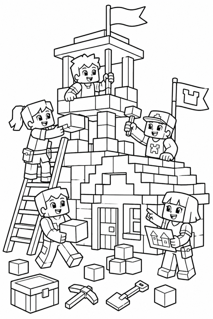 A team of children builds a lookout tower and house from blocks.