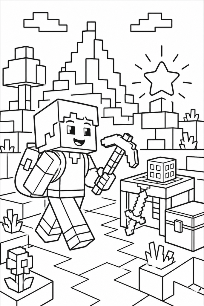 A young explorer traveling through a blocky crafting world with tools and mountains.