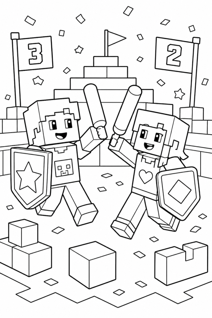 Two cheerful avatars in a playful blocky arena with shields and flags.